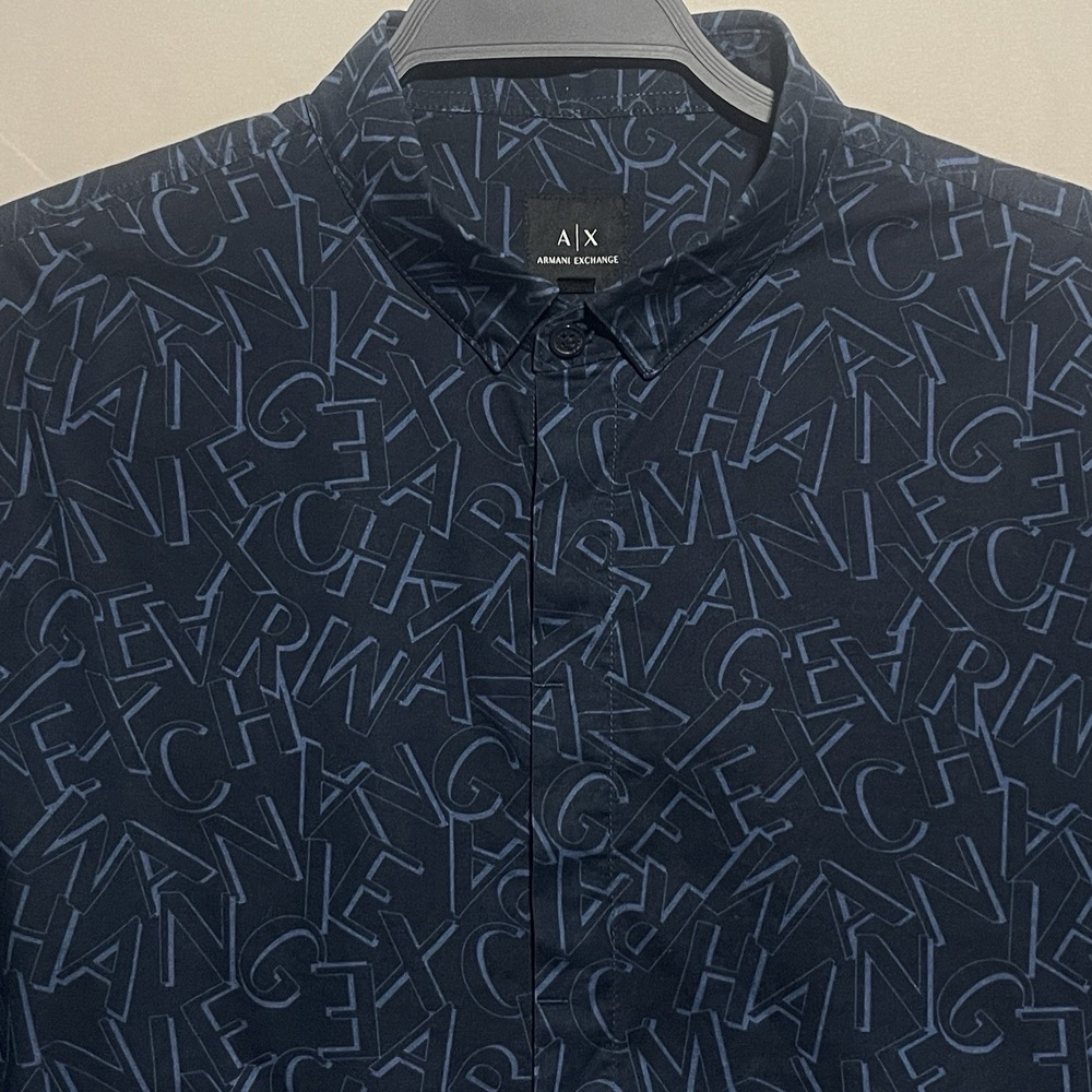 Armani Exchange - Button Down Shirt Navy Blue All Over Logo Print Mens Medium